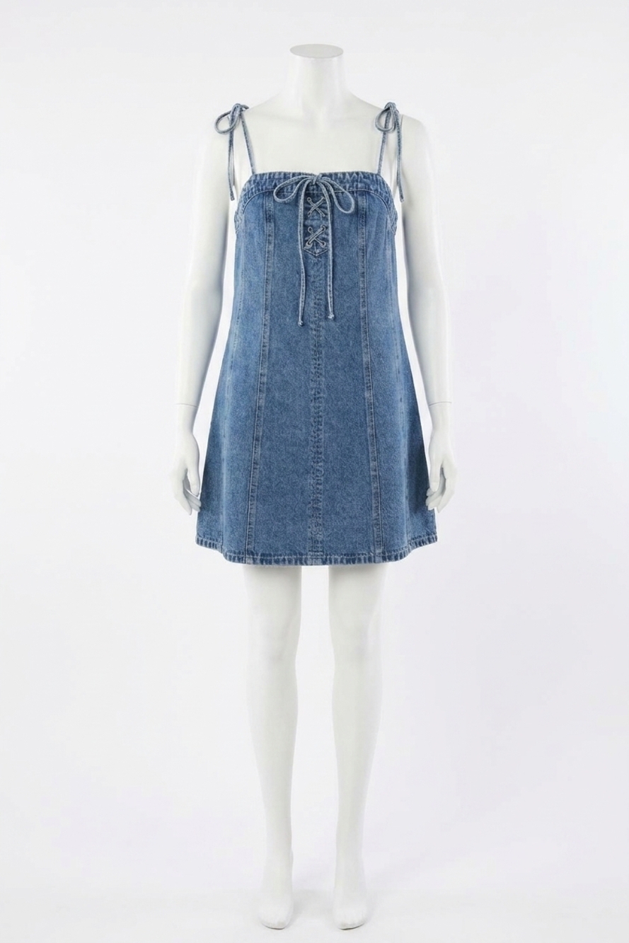 NEW LE LIS lace-up bow detail denim mini dress in blue